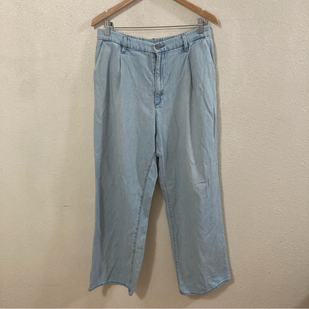Uniqlo Women’s Sky Blue Denim Jeans Straight Wide Leg Elastic Waist Size XL